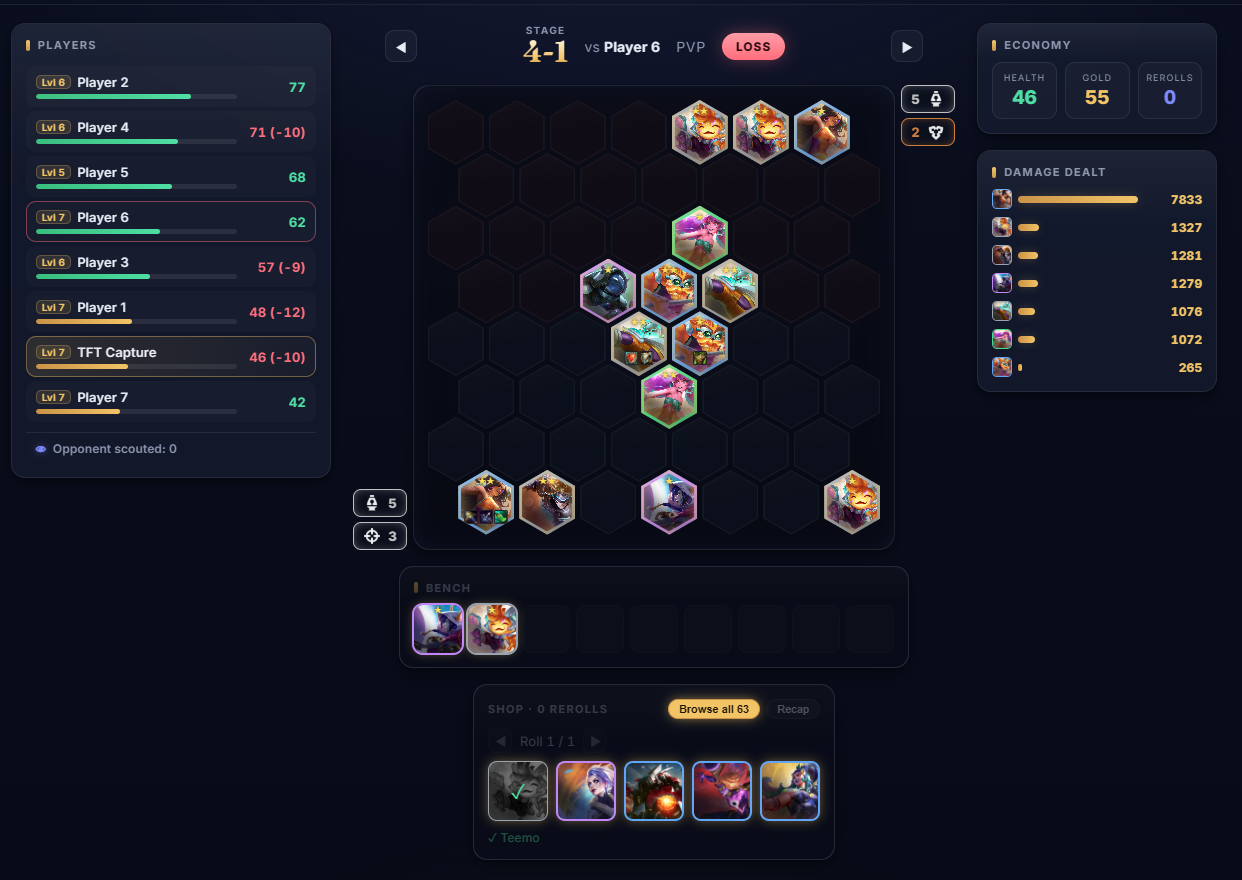 The review window with the champion picker highlighting board units.