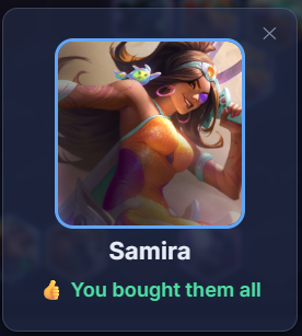 Result card for Samira: you bought them all.