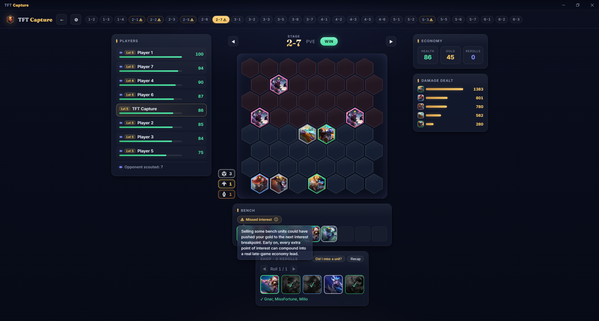The TFT Capture review window: a hex board with your units and your opponent's, a player list with health bars, an economy panel, augments, and a missed-interest nudge.